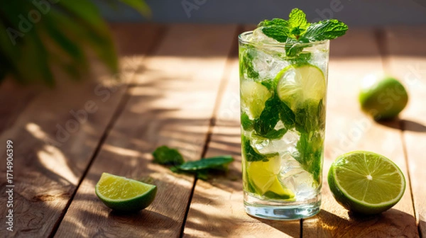 Fototapeta Tall glass of mojito cocktail with lime slices, fresh mint and ice cubes stands on rustic wooden table in sunlight, cocktail sparkles with freshness, refreshing summer drink concept