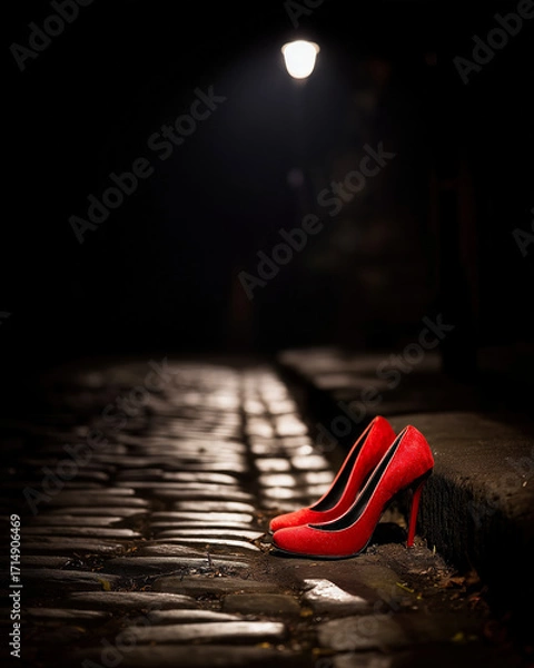 Fototapeta Red heels under lone streetlamp, cobblestones gleam after rain, heels rest by curb, heels evoke romance and mystery, quiet old town fades into night, soft bokeh in distance, cinematic noir vibe