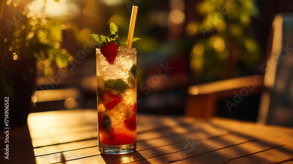 Fototapeta Chilled strawberry mojito with mint leaves and crushed ice served in tall glass with straw, strawberry mojito glowing under warm sunset light, tropical cocktail evening refreshment vibe