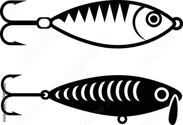 Fototapeta Fishing Lure vector illustration black and white with sharp hooks