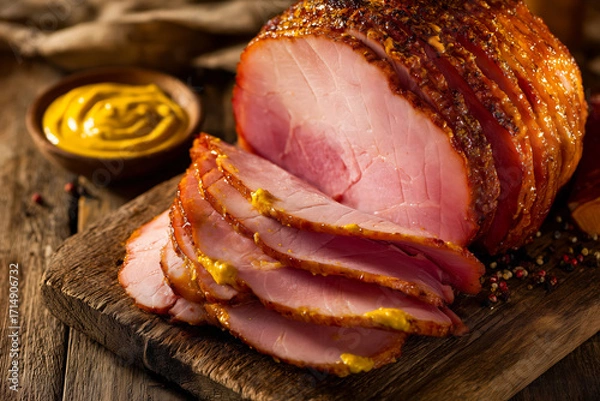 Fototapeta Sliced glazed ham with golden crust arranged on rustic wooden board, ham looks juicy and tender with mustard on side, close up of festive meal and homemade holiday food presentation