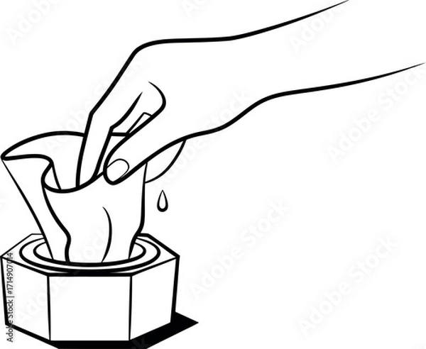 Fototapeta Hand pulling wet wipe from dispenser for cleaning and sanitation
