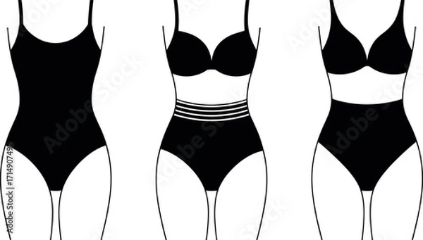 Fototapeta Illustration of Three Different Black Swimsuit Styles on Bodysuit Forms