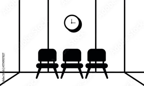Fototapeta Minimalist Waiting Room Illustration with Clock and Three Chairs Vector