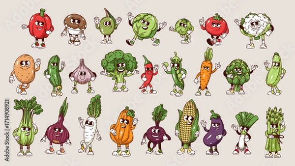 Fototapeta Groovy vegetable cartoon characters set. Funny retro happy with smiles on cute faces, roots and green leaf. Food mascot, cartoon vegetable stickers collection of 70s 80s style vector illustration