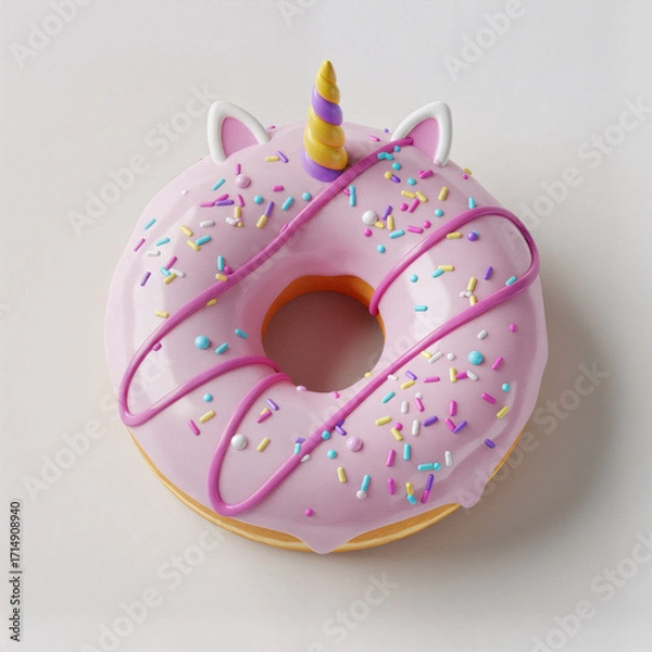 Fototapeta Donut rosa estilo unicórnio com chifre e orelhas decorativas