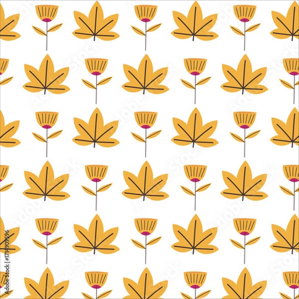 Fototapeta Yellow Leaf and Flower Repeat Pattern