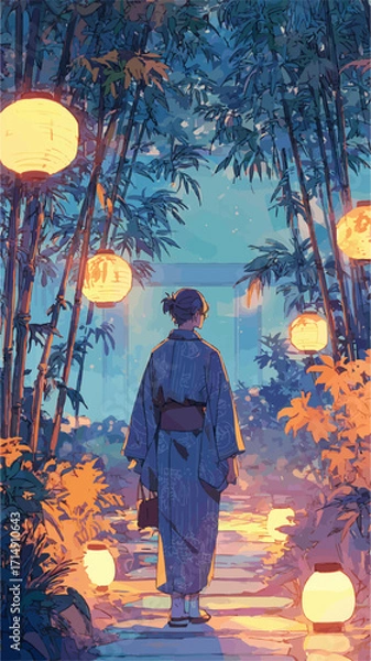 Fototapeta Woman wearing kimono walking through Japanese garden illuminated by paper lanterns at night