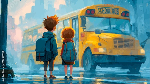 Fototapeta Two young students with backpacks are waiting for their school bus on a rainy morning, ready to start their school day