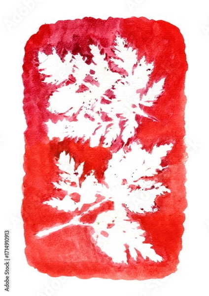Fototapeta A watercolor silhouette of leaves on a vibrant red background. The white silhouettes stand out against the rich background, creating contrast and the feeling of a print or natural pattern.