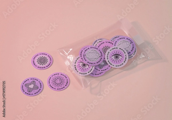 Obraz Plastic Pouch Round Sticker Pack Mockup