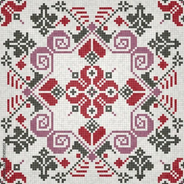 Fototapeta Mosaic tiles decorative background, seamless repeating vector pattern template for  wallpaper, background, wood print, metal print, plastic print, glass print, decor