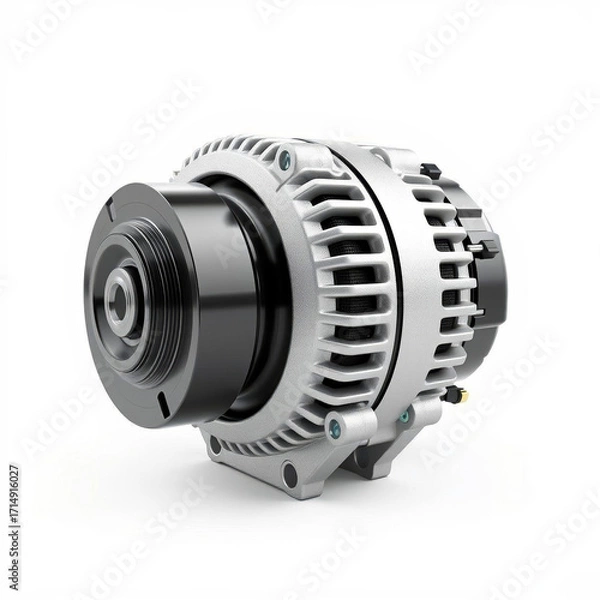 Fototapeta Detailed view of vehicle alternator with visible copper coils, cooling vents, and pulley. Ideal for car repair, mechanical engineering, and auto part catalog visuals. AI generated.
