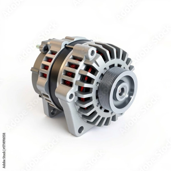 Fototapeta Detailed view of vehicle alternator with visible copper coils, cooling vents, and pulley. Ideal for car repair, mechanical engineering, and auto part catalog visuals. AI generated.
