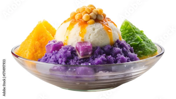 Fototapeta Halohalo, a popular filipino dessert isolated on transparent background, featuring shaved ice, sweet beans, fruits, and leche flan for a refreshing treat