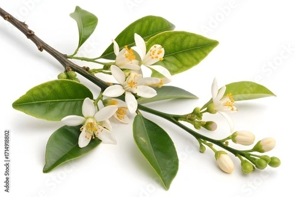 Fototapeta Delicate citrus blossoms and leaves on a branch isolated on white