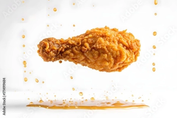 Fototapeta Delicious crispy fried chicken drumstick with dripping sauce isolated on white