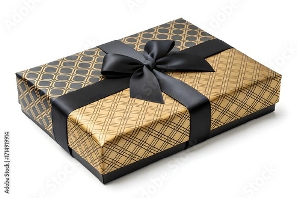 Fototapeta Elegant gift box with black ribbon and stylish gold patterns design