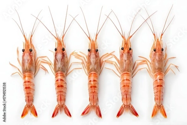 Fototapeta Fresh raw prawns or shrimps isolated on a white background top view