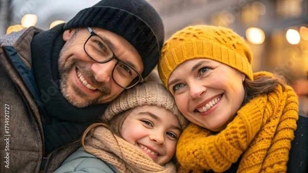 Fototapeta Happy family embracing each other during winter in a cozy setting