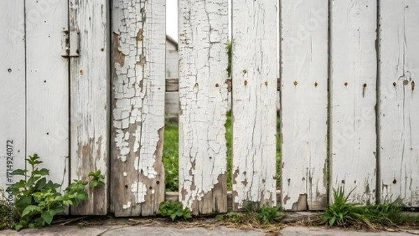 Fototapeta Rustic white wooden fence with peeling paint and overgrown grass