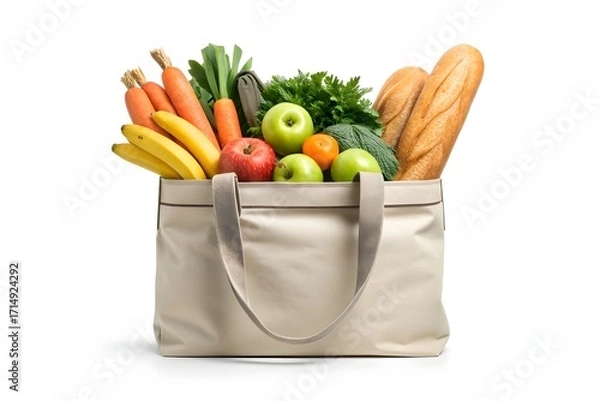 Fototapeta Shopping bag overflowing with fresh produce and crusty baguette on white