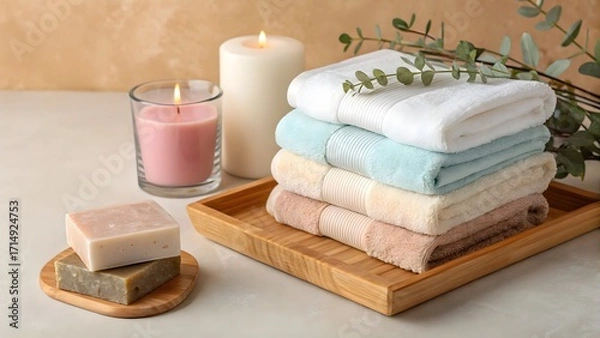 Fototapeta Spa scene with towels candles and soap for relaxation and wellness