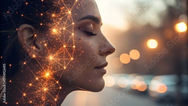 Fototapeta Woman with glowing interconnected network highlighting cognitive processes and connectivity
