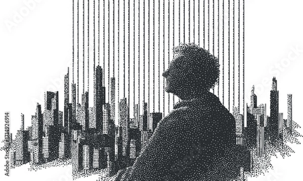 Fototapeta A silhouette of a man against a detailed cityscape, showcasing urban life and reflection.