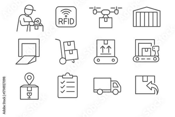 Obraz Set of 12 thin line icons for warehouse logistics, including packaging, drones, RFID tags, containers, docks, fragile labels, and reverse logistics.