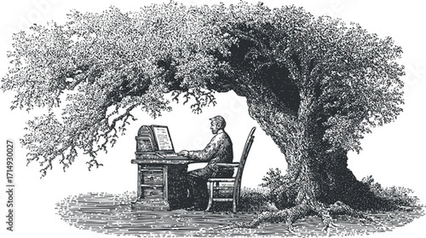 Fototapeta A vintage illustration of a man typing at a typewriter under a large tree.