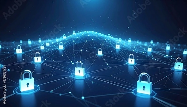 Obraz Encrypted Digital Network Background with Connected Nodes and Glowing Padlock Icon