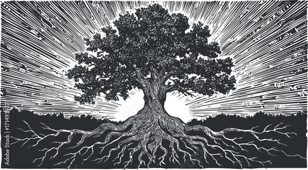 Fototapeta A striking black and white illustration of a tree with exposed roots and radiating light.