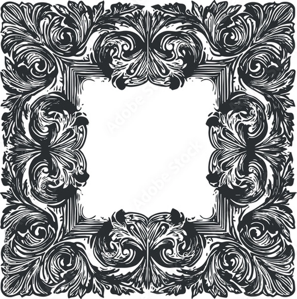 Fototapeta Ornate vintage frame design featuring intricate floral patterns in black and white.