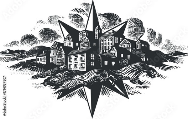 Fototapeta A detailed black and white illustration of a village landscape with a compass design.
