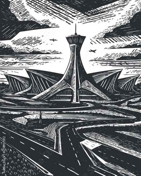 Fototapeta A stylized black and white illustration of a modern airport with dynamic architectural features.