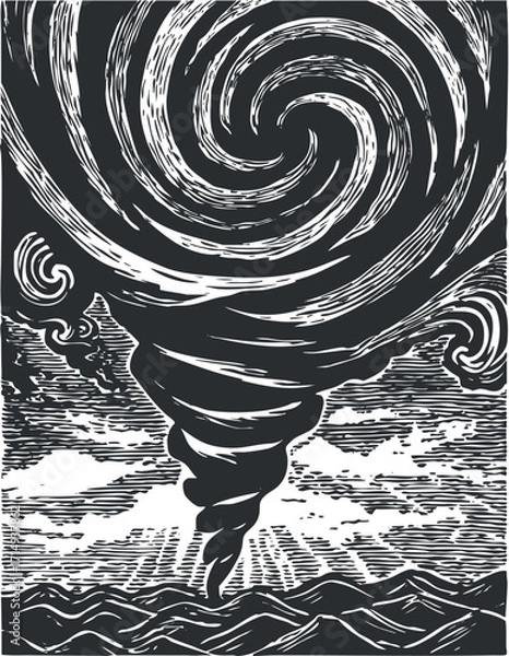 Fototapeta A dramatic illustration of a swirling tornado over ocean waves in black and white.