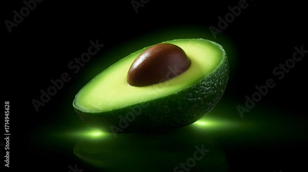 Fototapeta Avocado Brilliance: A fresh, sliced avocado, with its vibrant green flesh and dark seed, glows invitingly against a deep black backdrop, showcasing its natural beauty.