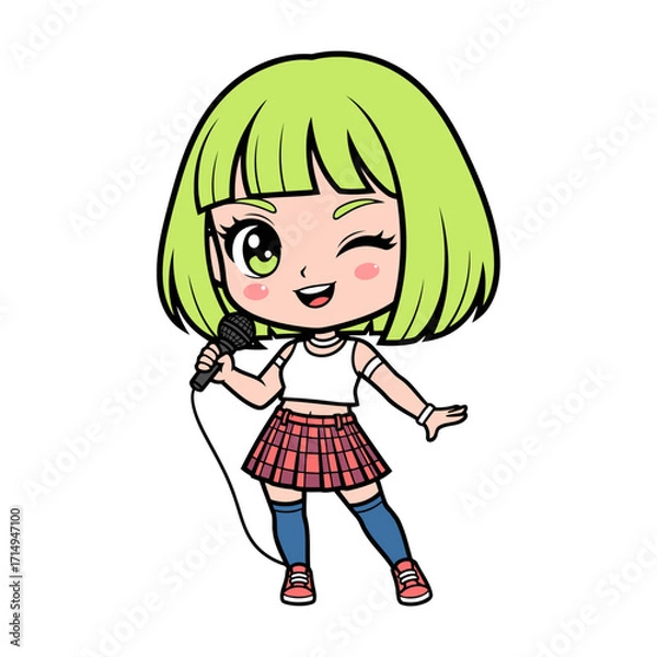 Fototapeta Cute chibi K-pop girl idol with neon green short bob hair, white crop top, plaid skirt, sneakers, and cheerful wink. HD vector cartoon style, bold line art, flat solid colors, clean background.