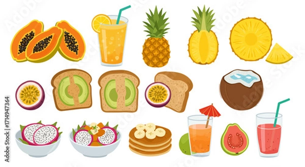 Fototapeta Assortment of tropical fruits beverages and breakfast items arranged on a white backdrop