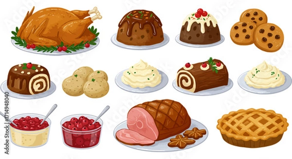 Fototapeta Festive spread with turkey ham pies puddings and various side dishes