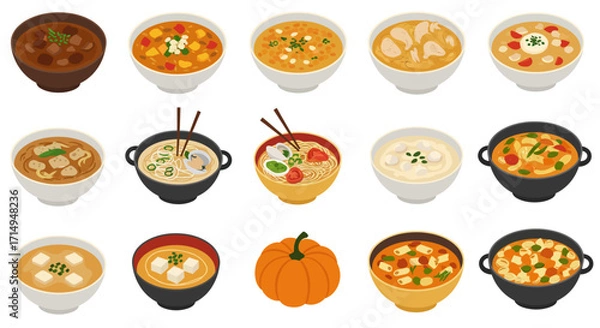 Fototapeta Foodthemed image with 14 bowls of soup or noodles and a pumpkin