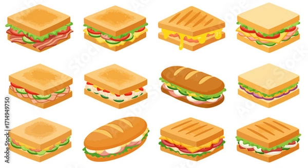 Fototapeta Twelve isometric sandwiches are arranged in a grid each with unique ingredients and bread types
