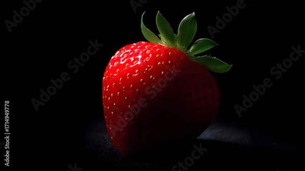 Fototapeta Radiant Strawberry on Black: A close-up shot reveals the vibrant red of a perfectly ripe strawberry, its surface glistening with freshness against a stark, dark background. 