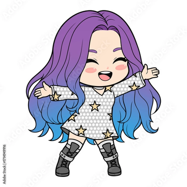 Fototapeta Chibi K-pop girl idol vector with long ombre purple-blue hair, sparkling star dress and boots. Energetic dance pose with smiling face, adorable kawaii cartoon style in HD vector art.