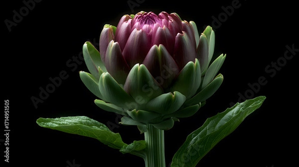 Fototapeta Artichoke: A close-up shot unveils the intricate beauty of a vibrant artichoke, its tender petals blooming in vivid hues against a stark background, a celebration of natural form and elegance.