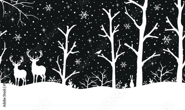 Fototapeta Winter Forest Seamless Border. Christmas Background. Winter Woods with Deer, Trees, Hire, Bird, Snowflakes, Snow. White Silhouettes. Template. Stencil. Vector Illustration on Black Background