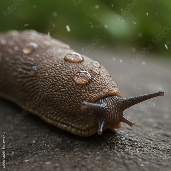 Fototapeta Brown slug with glistening water droplets, macro close-up.
