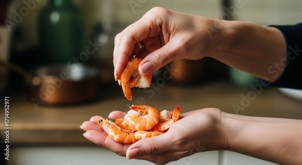 Obraz Close-up hands preparing shrimp in kitchen