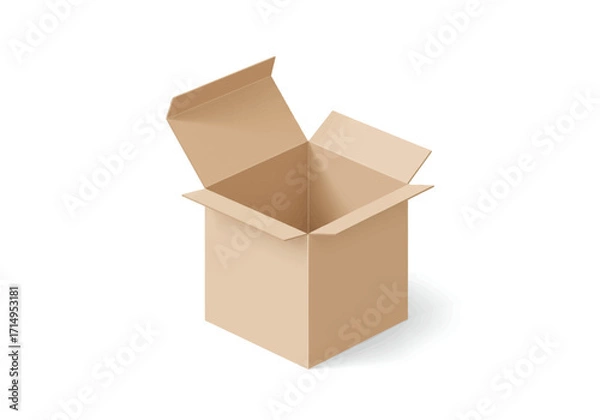 Fototapeta An open square brown cardboard box stands on a white surface flaps unfolded
